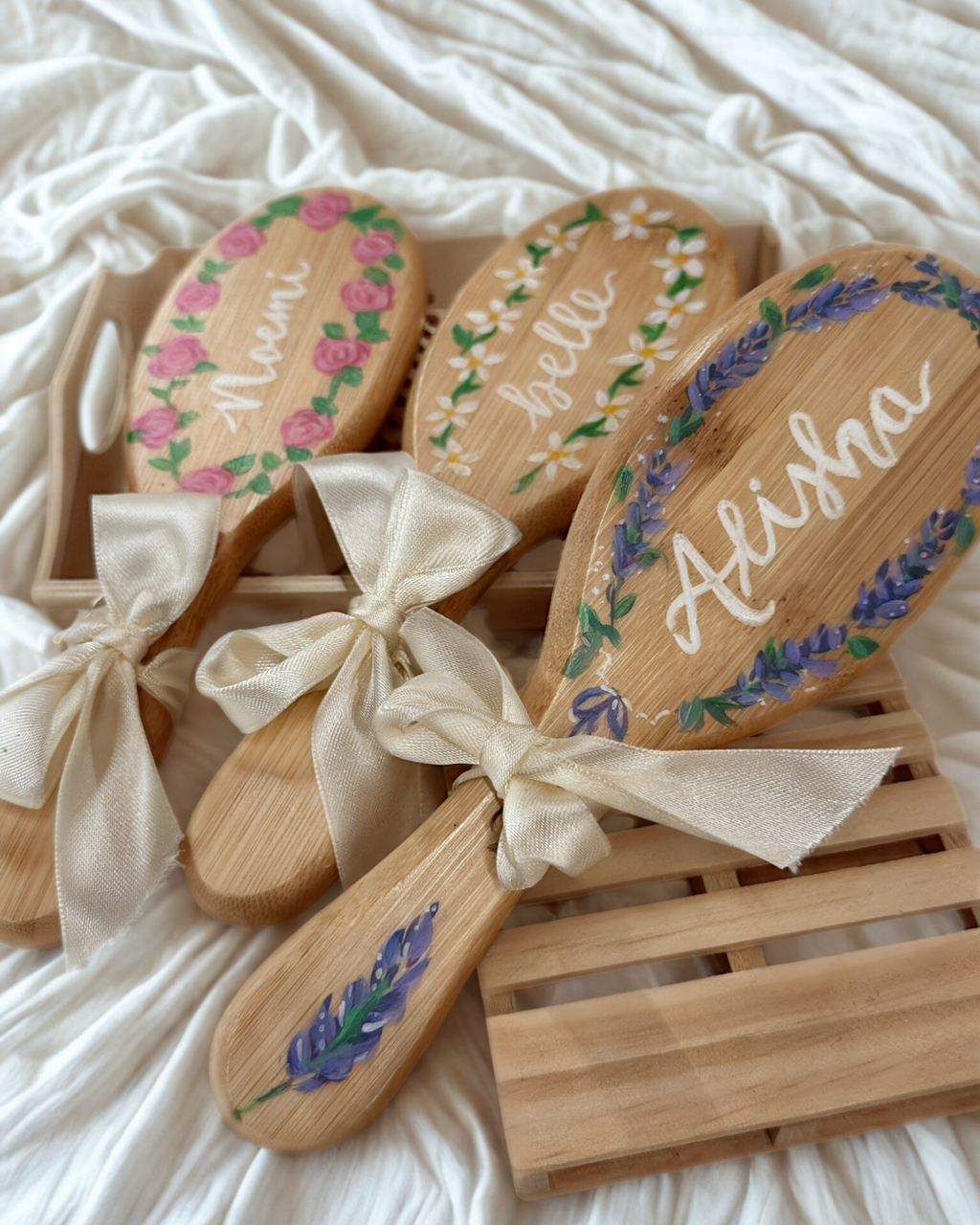 Hand-Painted Personalized Floral Bamboo Brush – Custom Name Hair Brush | Eco-Friendly Bamboo Gift for Women, Kids, Bridesmaids