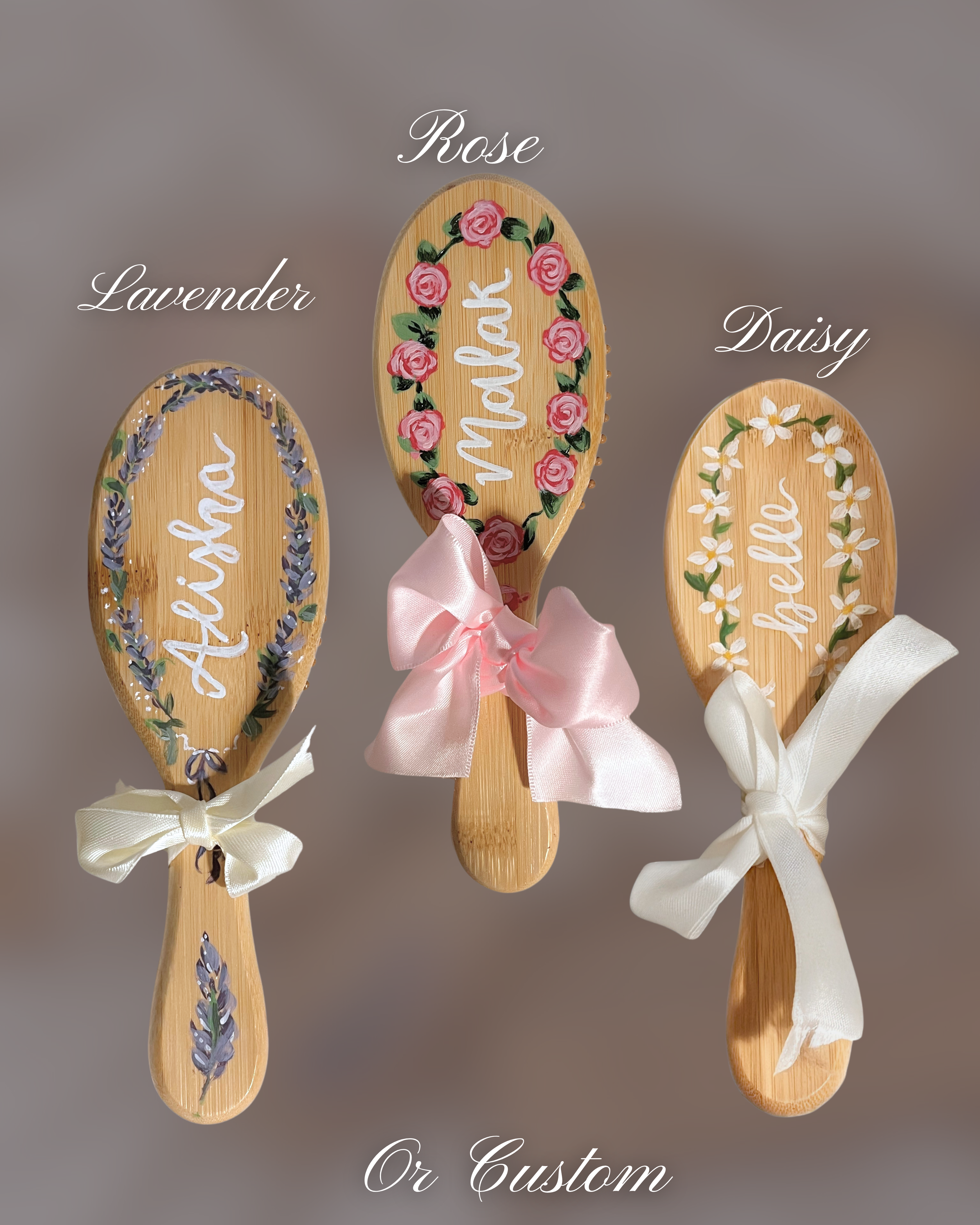 Hand-Painted Personalized Floral Bamboo Brush – Custom Name Hair Brush | Eco-Friendly Bamboo Gift for Women, Kids, Bridesmaids